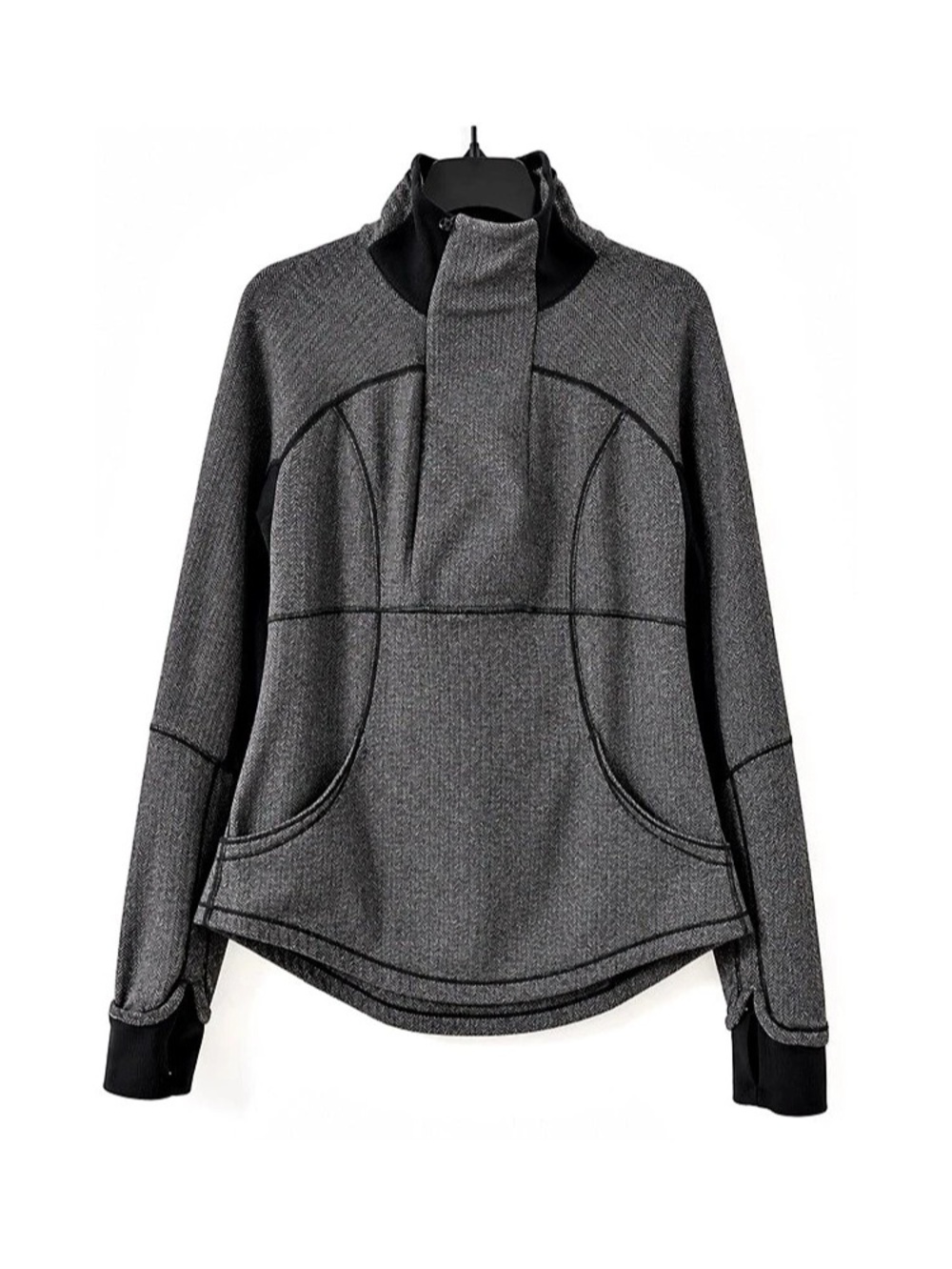 Women’s Gray Herringbone Pullover Jacket High Neck Thumbholes Kangaroo Pockets 6